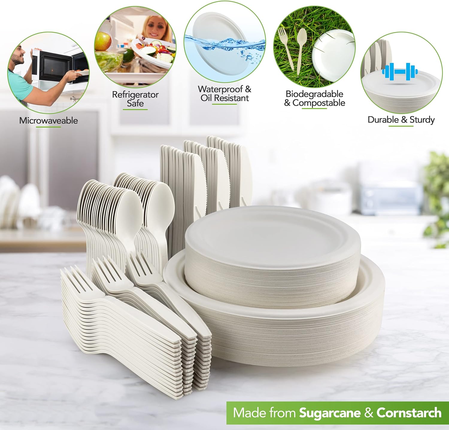 250 Piece Biodegradable Paper Plates Set, Disposable Dinnerware Set, Eco Friendly Compostable Plates & Utensil include Plates, Forks, Knives Spoons-Toppalletfly