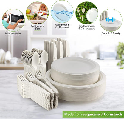 250 Piece Biodegradable Paper Plates Set, Disposable Dinnerware Set, Eco Friendly Compostable Plates & Utensil include Plates, Forks, Knives Spoons-Toppalletfly