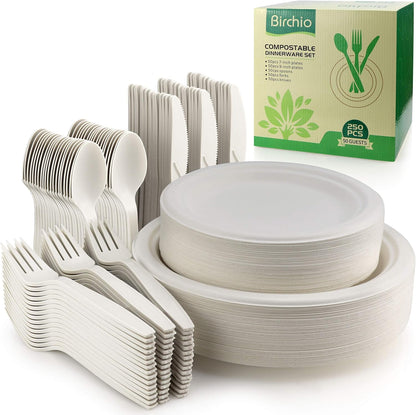 250 Piece Biodegradable Paper Plates Set, Disposable Dinnerware Set, Eco Friendly Compostable Plates & Utensil include Plates, Forks, Knives Spoons-Toppalletfly