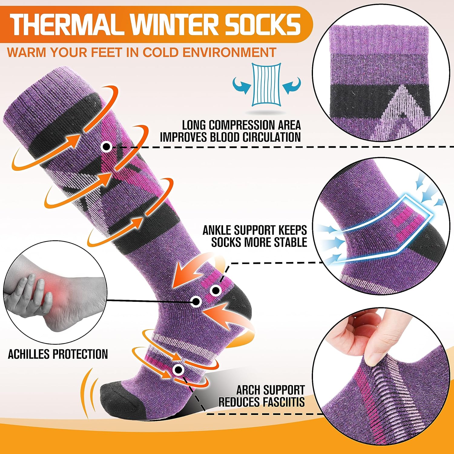 3 Pairs Wool Ski Socks for Womens Mens, Thermal Winter Warm Thick Knee High Socks for Skiing Snowboarding-Toppalletfly