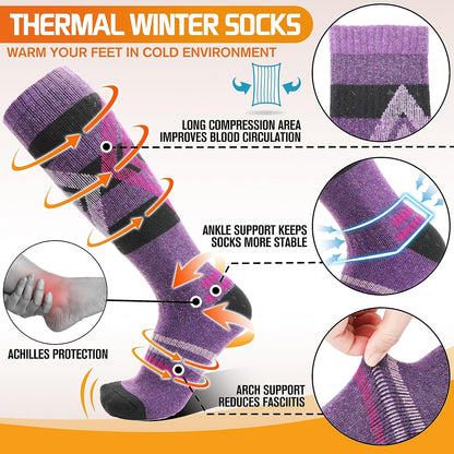 3 Pairs Wool Ski Socks for Womens Mens, Thermal Winter Warm Thick Knee High Socks for Skiing Snowboarding-Toppalletfly