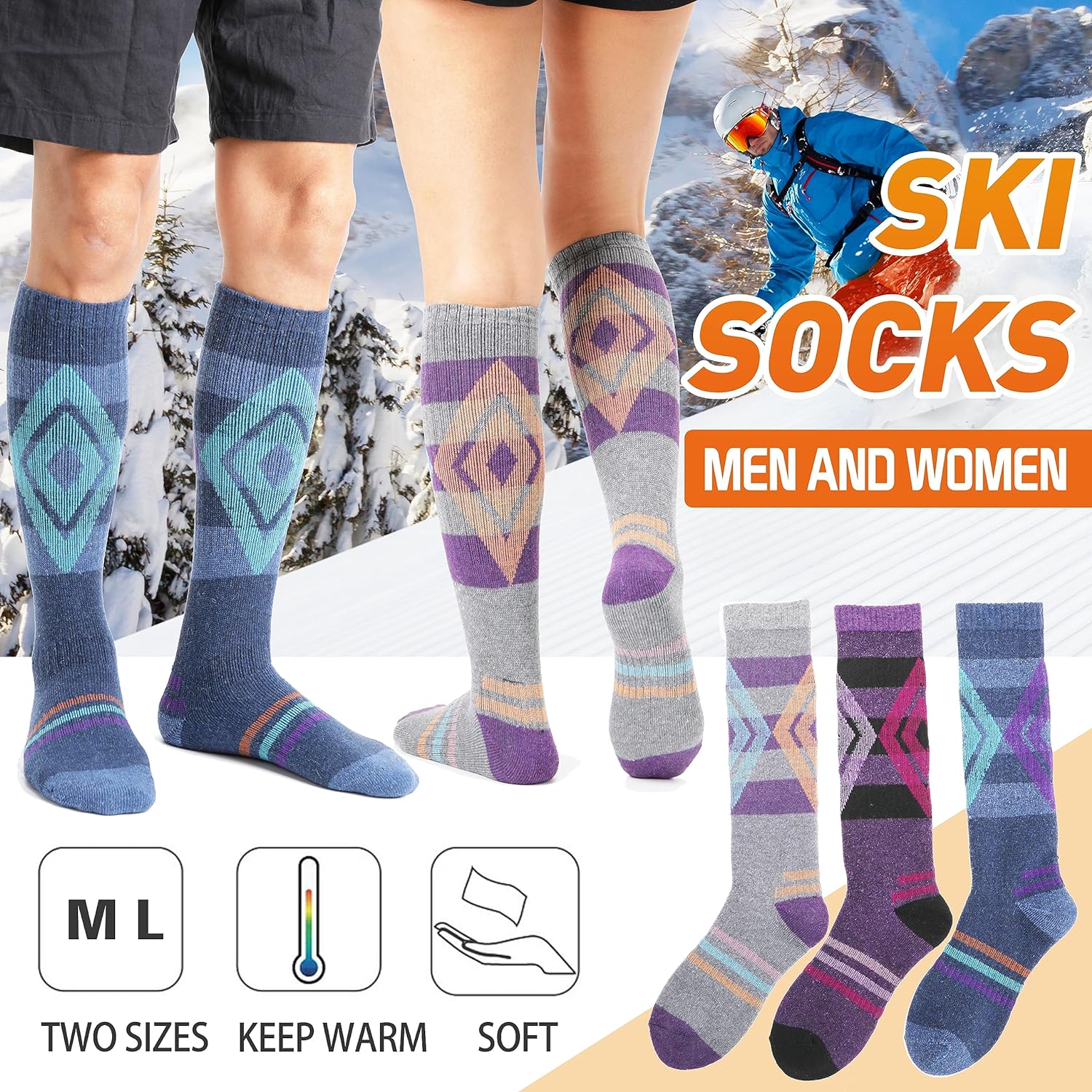 3 Pairs Wool Ski Socks for Womens Mens, Thermal Winter Warm Thick Knee High Socks for Skiing Snowboarding-Toppalletfly
