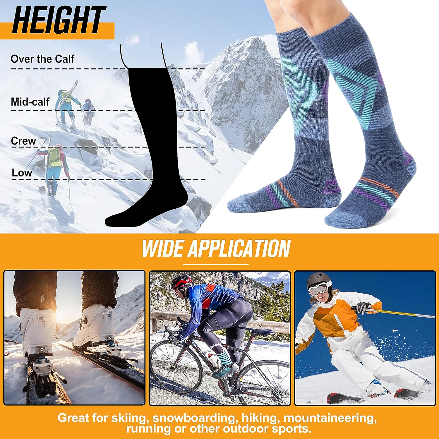 3 Pairs Wool Ski Socks for Womens Mens, Thermal Winter Warm Thick Knee High Socks for Skiing Snowboarding-Toppalletfly