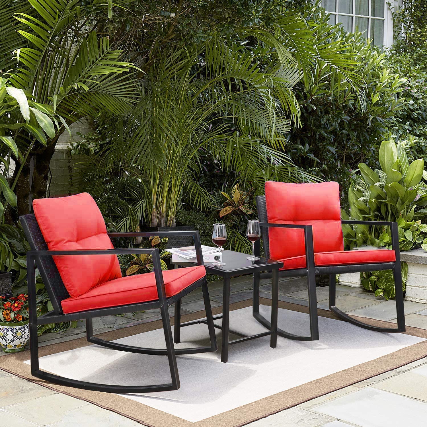 3 Pieces Rocking Wicker Bistro Set, Patio Outdoor Furniture - Toppalletfly