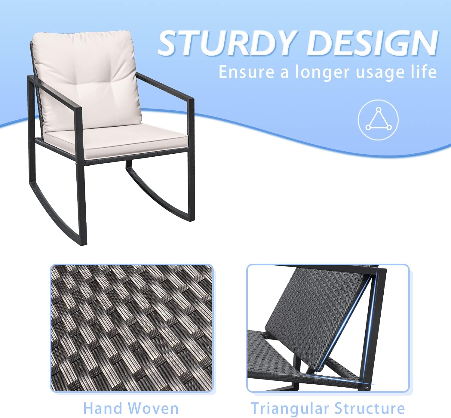 3 Pieces Rocking Wicker Bistro Set, Patio Outdoor Furniture Conversation Sets with Porch Chairs and Glass Coffee Table-Toppalletfly