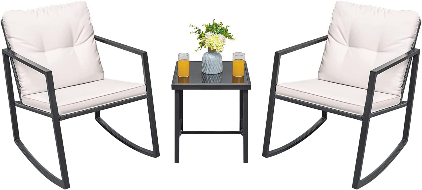 3 Pieces Rocking Wicker Bistro Set, Patio Outdoor Furniture Conversation Sets with Porch Chairs and Glass Coffee Table-Toppalletfly