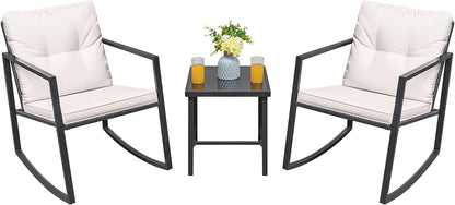 3 Pieces Rocking Wicker Bistro Set, Patio Outdoor Furniture Conversation Sets with Porch Chairs and Glass Coffee Table-Toppalletfly