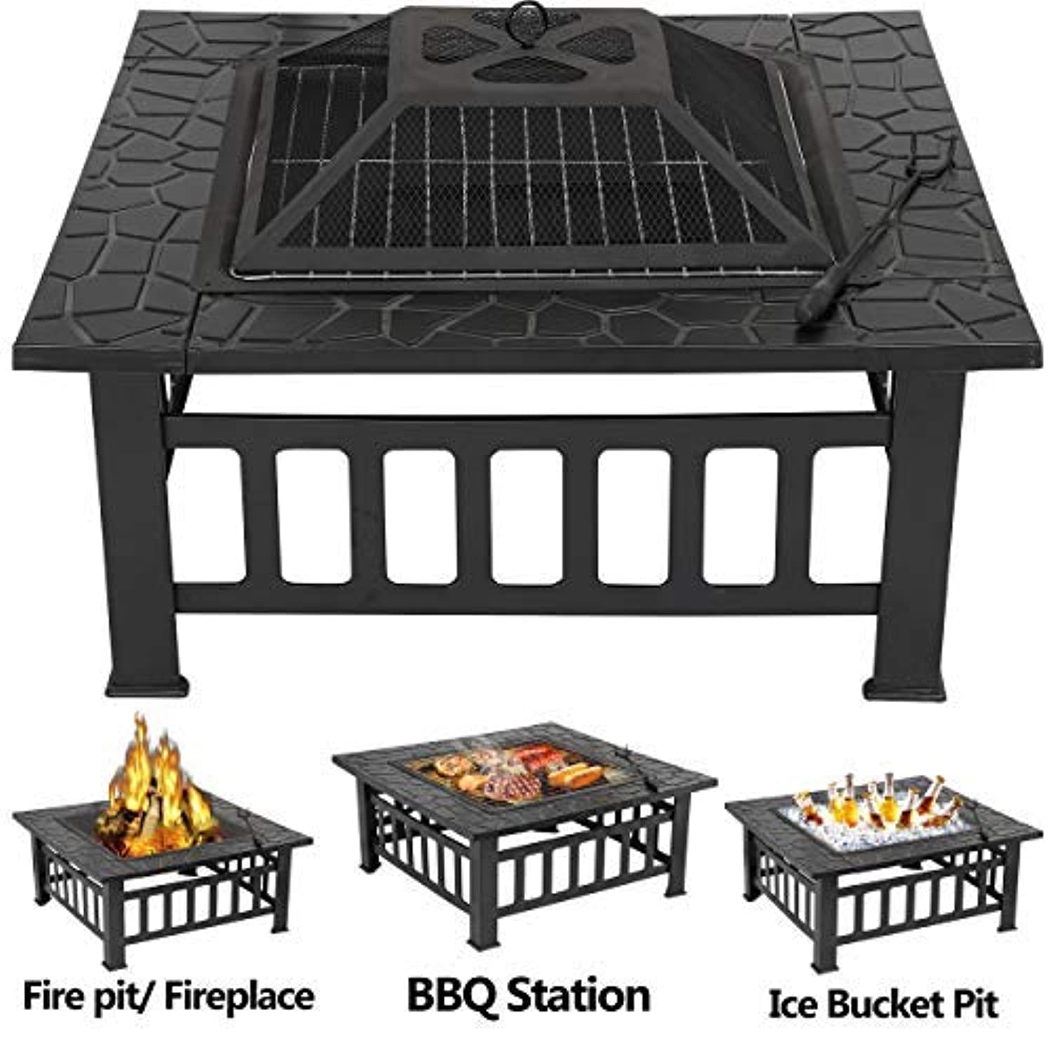 32 inch Outdoor Square Metal Firepit Backyard Patio Garden Stove Wood Burning BBQ Fire Pit with Rain Cover - Toppalletfly