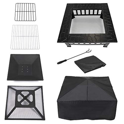 32 inch Outdoor Square Metal Firepit Backyard Patio Garden Stove Wood Burning BBQ Fire Pit with Rain Cover-Toppalletfly