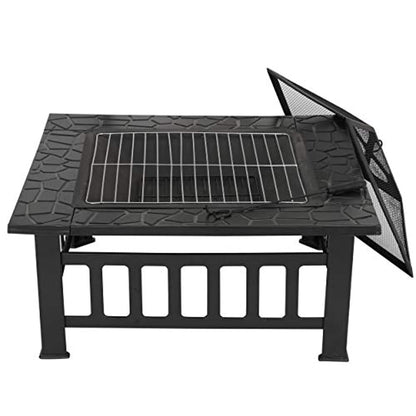32 inch Outdoor Square Metal Firepit Backyard Patio Garden Stove Wood Burning BBQ Fire Pit with Rain Cover-Toppalletfly