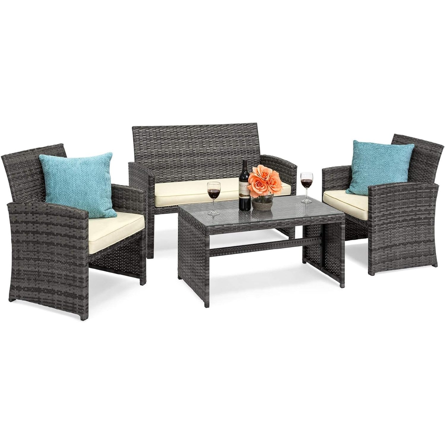 4 Piece Wicker Patio Conversation Furniture Set with 4 Seats Tempered Glass Table Top-Toppalletfly