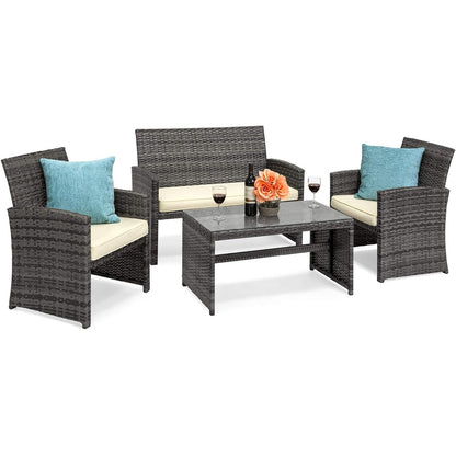 4 Piece Wicker Patio Conversation Furniture Set with 4 Seats Tempered Glass Table Top-Toppalletfly