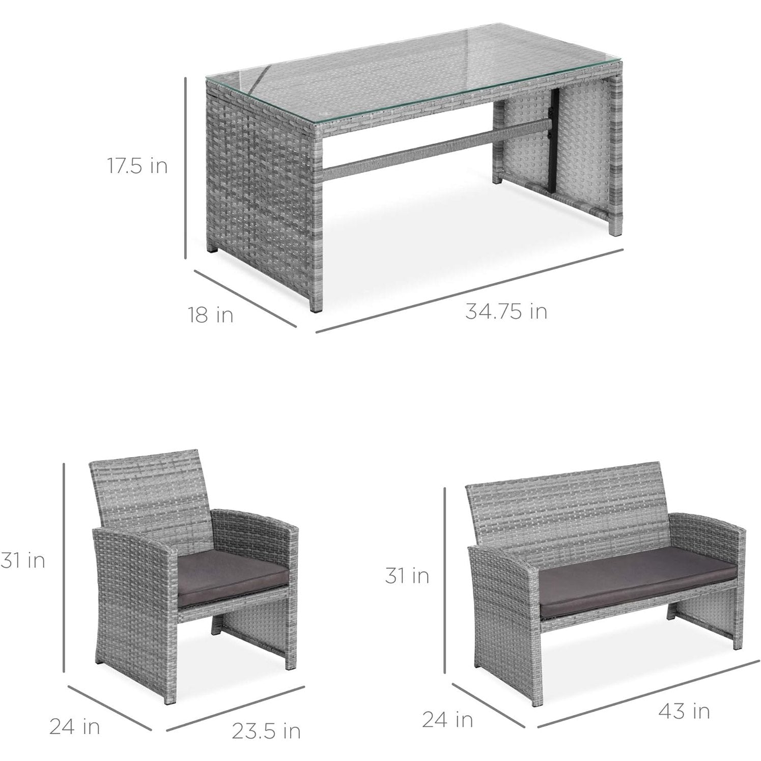 4 Piece Wicker Patio Conversation Furniture Set with 4 Seats Tempered Glass Table Top-Toppalletfly