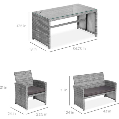 4 Piece Wicker Patio Conversation Furniture Set with 4 Seats Tempered Glass Table Top-Toppalletfly