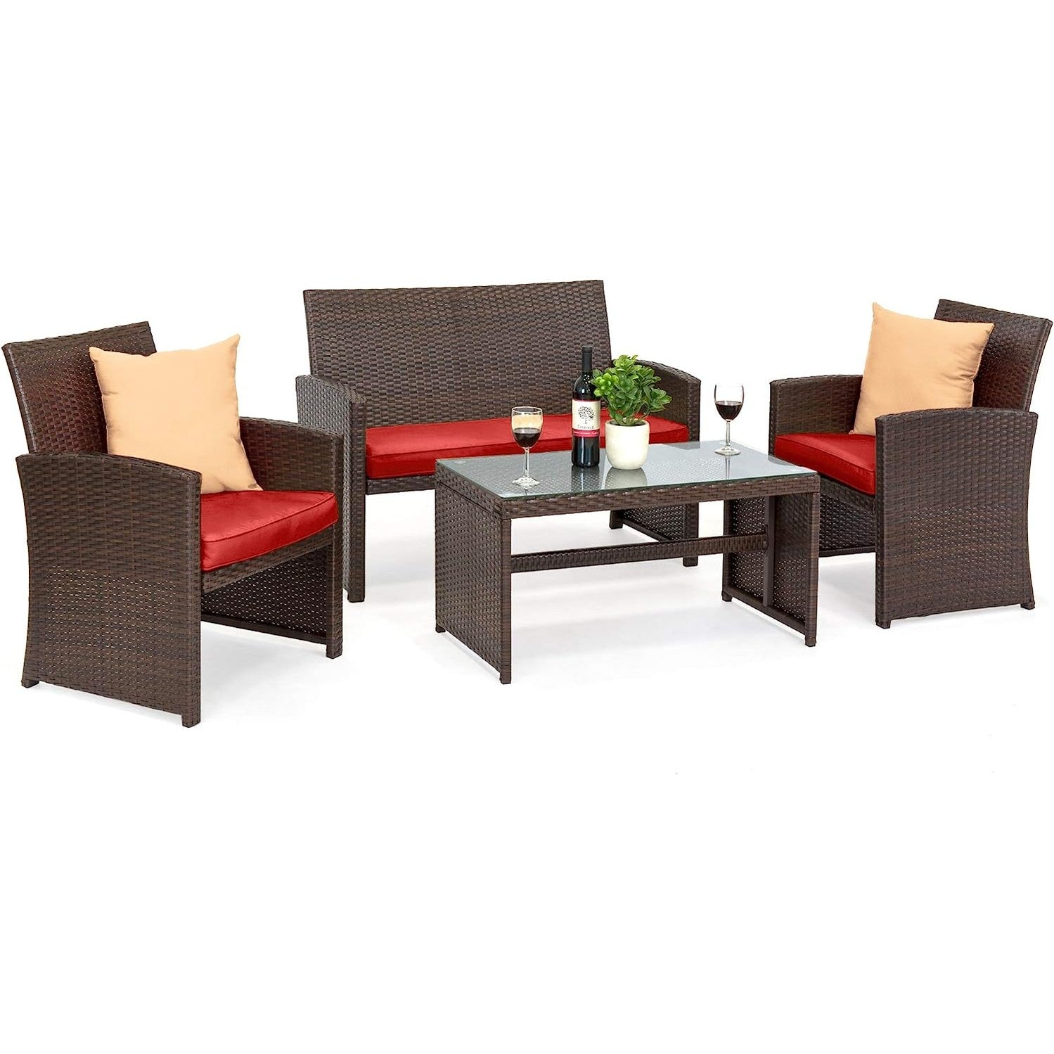 4 Piece Wicker Patio Conversation Furniture Set with 4 Seats Tempered Glass Table Top-Toppalletfly
