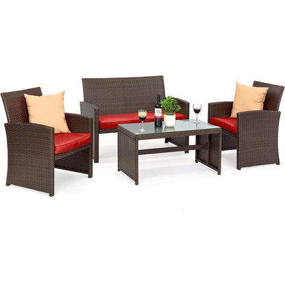 4 Piece Wicker Patio Conversation Furniture Set with 4 Seats Tempered Glass Table Top-Toppalletfly