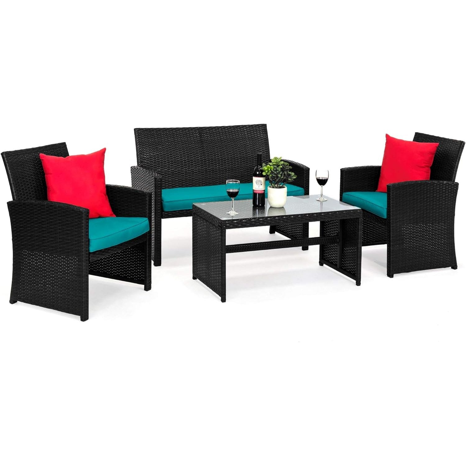4 Piece Wicker Patio Conversation Furniture Set with 4 Seats Tempered Glass Table Top-Toppalletfly