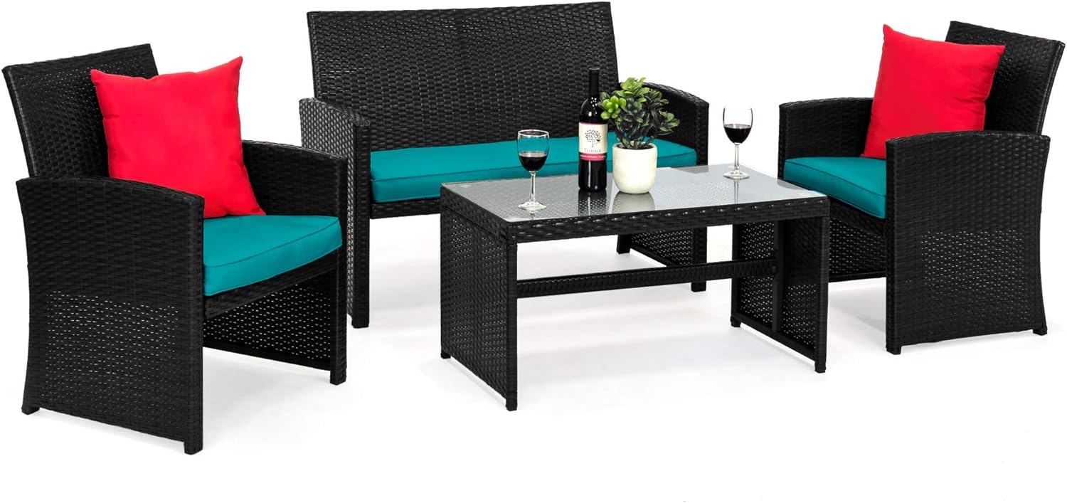 4 Piece Wicker Patio Conversation Furniture Set with 4 Seats Tempered Glass Table Top - Toppalletfly