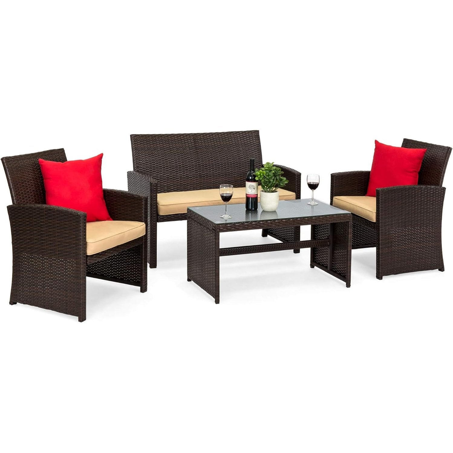 4 Piece Wicker Patio Conversation Furniture Set with 4 Seats Tempered Glass Table Top-Toppalletfly