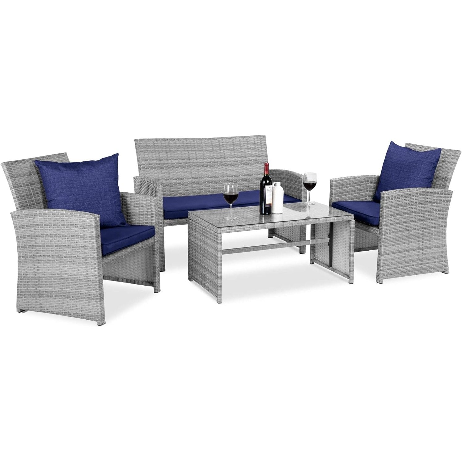 4 Piece Wicker Patio Conversation Furniture Set with 4 Seats Tempered Glass Table Top-Toppalletfly