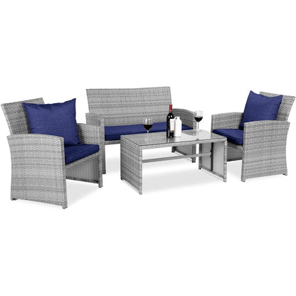 4 Piece Wicker Patio Conversation Furniture Set with 4 Seats Tempered Glass Table Top-Toppalletfly