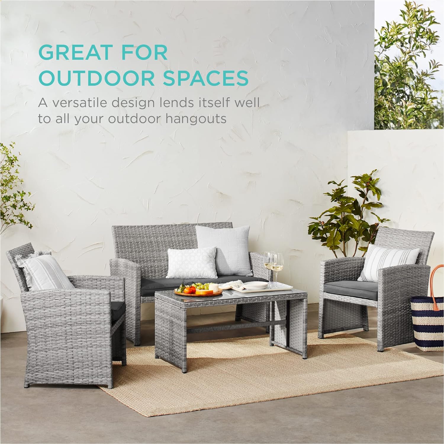 4 Piece Wicker Patio Conversation Furniture Set with 4 Seats Tempered Glass Table Top-Toppalletfly