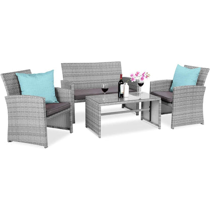 4 Piece Wicker Patio Conversation Furniture Set with 4 Seats Tempered Glass Table Top-Toppalletfly