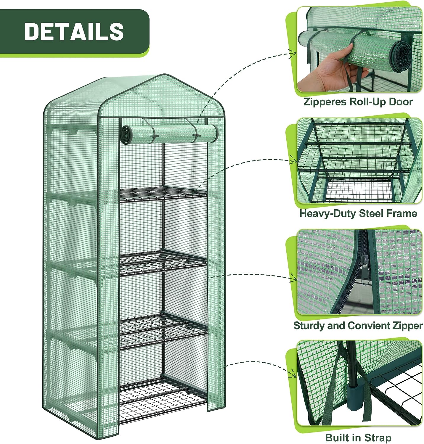 4 Tier Mini Greenhouse Indoor Outdoor with PE Cover and Roll-Up Zipper Door, Portable Greenhouse Tent Grow Seeds & Seedlings, 27x19x63-Inch-Toppalletfly