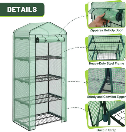 4 Tier Mini Greenhouse Indoor Outdoor with PE Cover and Roll-Up Zipper Door, Portable Greenhouse Tent Grow Seeds & Seedlings, 27x19x63-Inch-Toppalletfly