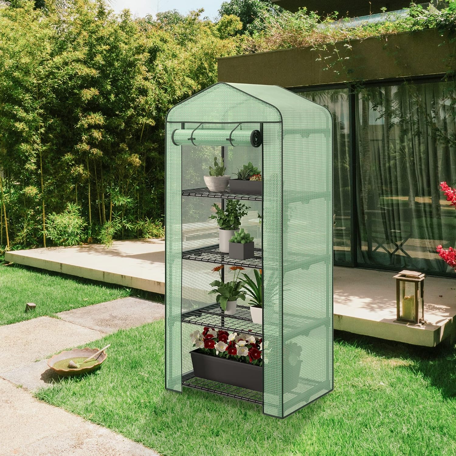 4 Tier Mini Greenhouse Indoor Outdoor with PE Cover and Roll-Up Zipper Door, Portable Greenhouse Tent Grow Seeds & Seedlings, 27x19x63-Inch-Toppalletfly
