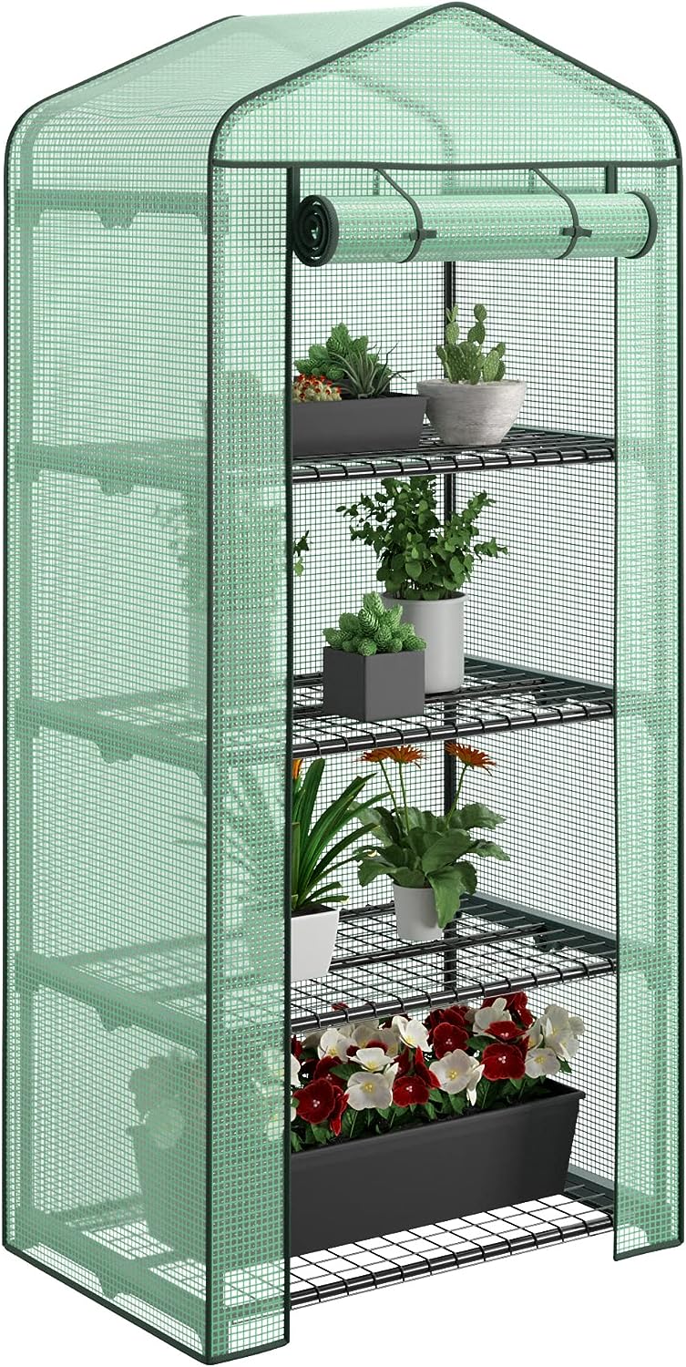 4 Tier Mini Greenhouse Indoor Outdoor with PE Cover and Roll-Up Zipper Door, Portable Greenhouse Tent Grow Seeds & Seedlings, 27x19x63-Inch-Toppalletfly