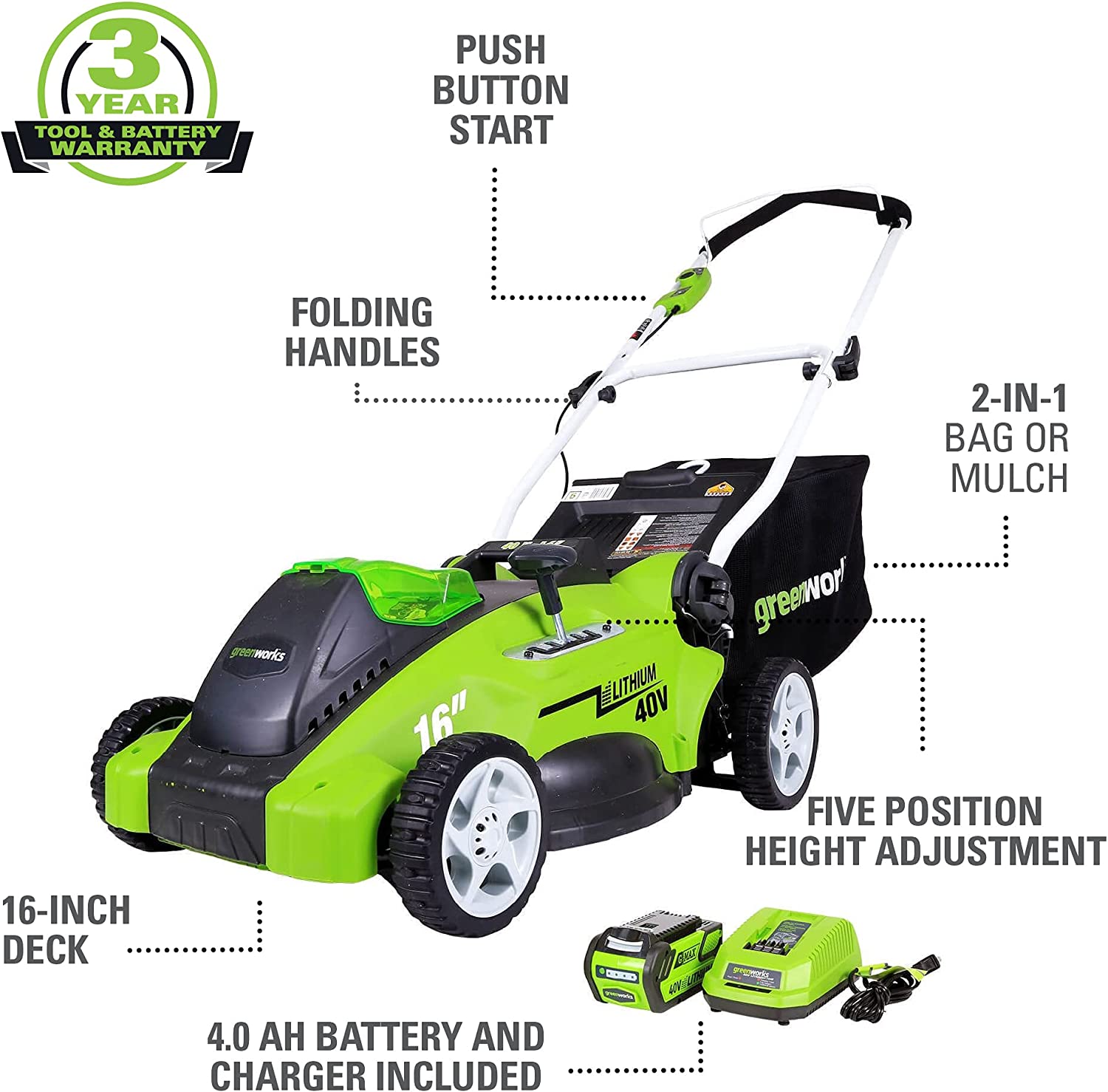 40V 16" Cordless Electric Lawn Mower, 4.0Ah Battery and Charger Included - Toppalletfly