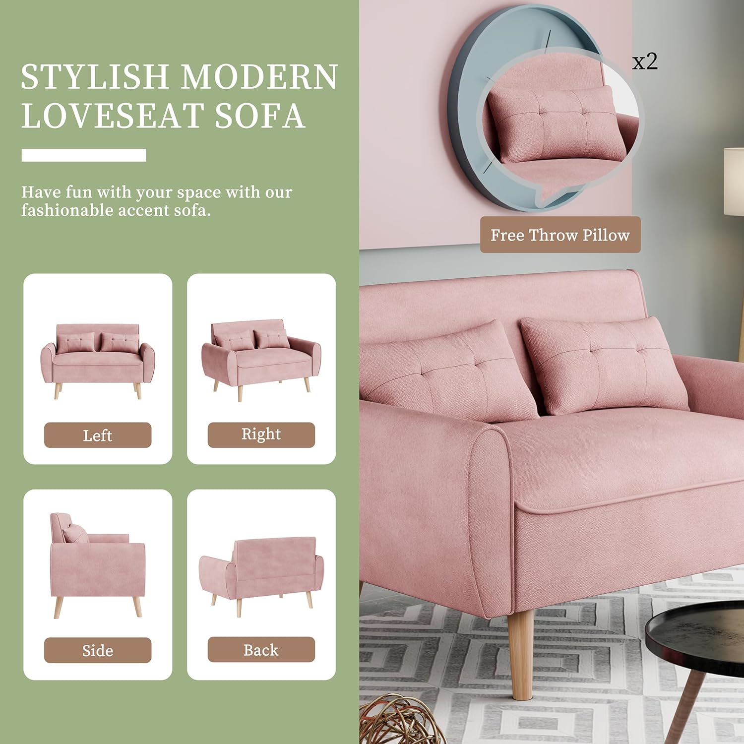 47" Small Modern Loveseat Sofa, Linen Fabric 2 - Seat Sofa Couch with Back Cushions and Tapered Wood Legs - Toppalletfly