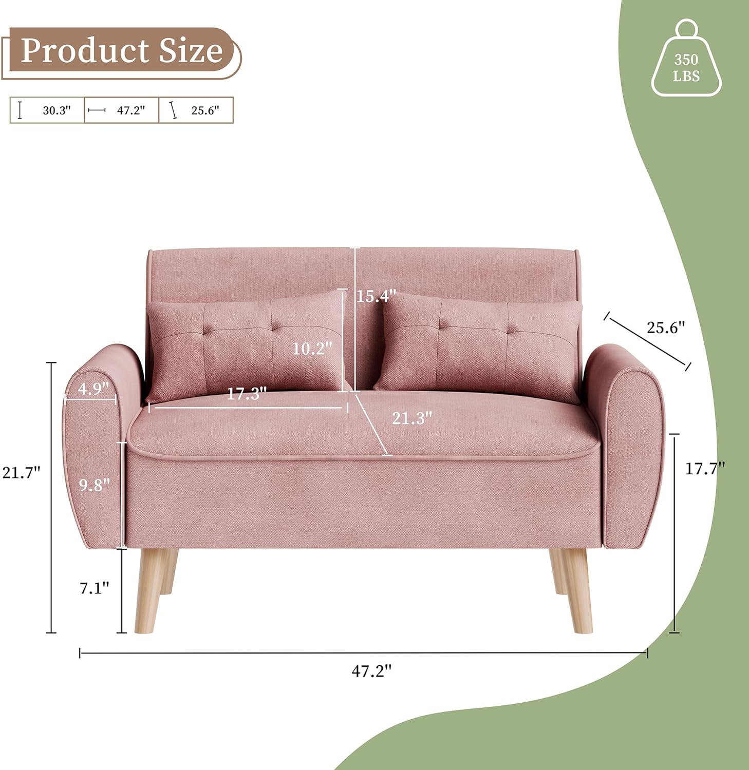 47" Small Modern Loveseat Sofa, Linen Fabric 2 - Seat Sofa Couch with Back Cushions and Tapered Wood Legs - Toppalletfly