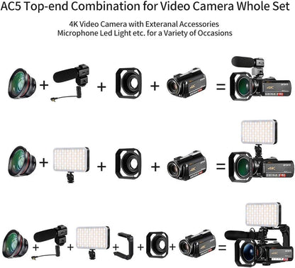 4K Video Camera Camcorder with 12x Optical Zoom 3.1" IPS HD 1080P 60FPS Microphone, Video Light, Wide Angle Lens and 64G SD Card-Toppalletfly