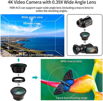 4K Video Camera Camcorder with 12x Optical Zoom 3.1" IPS HD 1080P 60FPS Microphone, Video Light, Wide Angle Lens and 64G SD Card-Toppalletfly