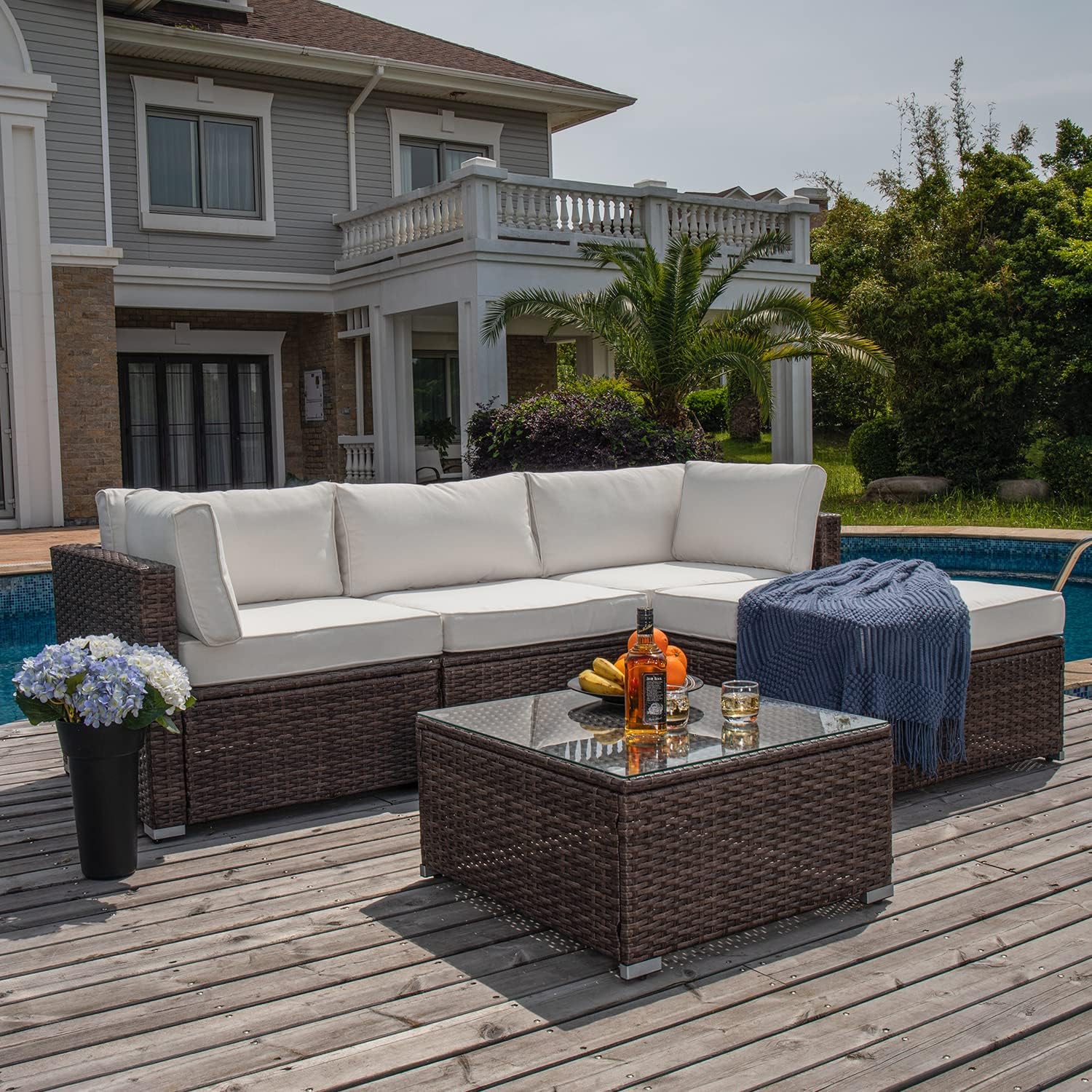 5-Piece Outdoor Furniture All-Weather Mottlewood Brown Wicker Sectional Sofa w Warm Gray Thick Cushions, Glass-Top Coffee Table, Patio-Toppalletfly