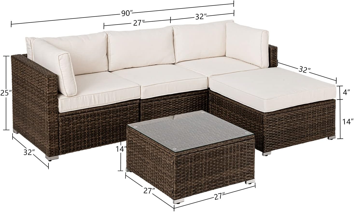 5-Piece Outdoor Furniture All-Weather Mottlewood Brown Wicker Sectional Sofa w Warm Gray Thick Cushions, Glass-Top Coffee Table, Patio-Toppalletfly