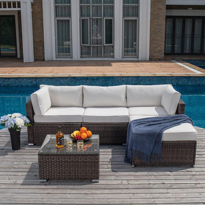 5-Piece Outdoor Furniture All-Weather Mottlewood Brown Wicker Sectional Sofa w Warm Gray Thick Cushions, Glass-Top Coffee Table, Patio-Toppalletfly