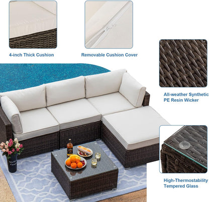 5-Piece Outdoor Furniture All-Weather Mottlewood Brown Wicker Sectional Sofa w Warm Gray Thick Cushions, Glass-Top Coffee Table, Patio-Toppalletfly