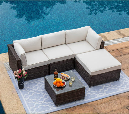 5-Piece Outdoor Furniture All-Weather Mottlewood Brown Wicker Sectional Sofa w Warm Gray Thick Cushions, Glass-Top Coffee Table, Patio-Toppalletfly