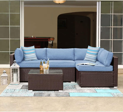 5-Piece Outdoor Furniture All-Weather Mottlewood Brown Wicker Sectional Sofa w Warm Gray Thick Cushions, Glass-Top Coffee Table, Patio-Toppalletfly