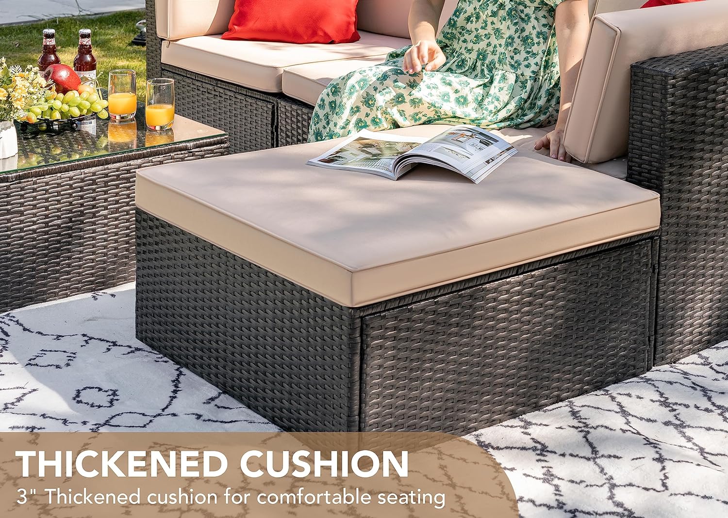 5 Pieces Patio Furniture Set, All Weather Outdoor Sectional Patio Sofa Manual Weaving Wicker Rattan Patio Seating Sofas with Cushion and Glass Table Beige-Toppalletfly