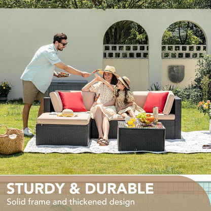 5 Pieces Patio Furniture Set, All Weather Outdoor Sectional Patio Sofa Manual Weaving Wicker Rattan Patio Seating Sofas with Cushion and Glass Table Beige-Toppalletfly