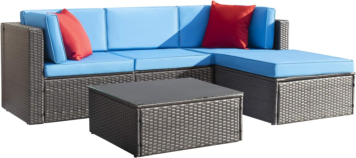 5 Pieces Patio Furniture Set, All Weather Outdoor Sectional Patio Sofa Manual Weaving Wicker Rattan Patio Seating Sofas with Cushion and Glass Table Beige-Toppalletfly