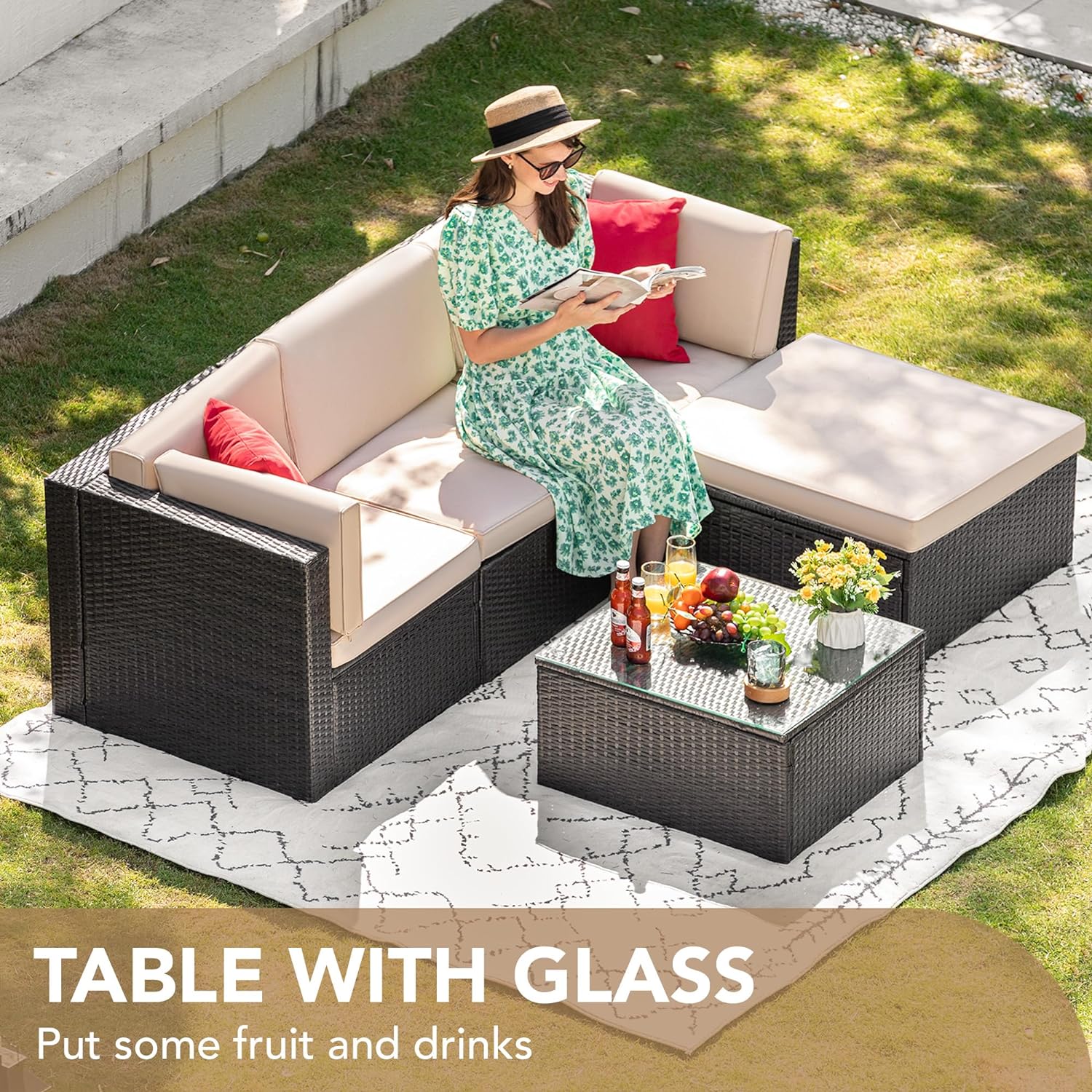 5 Pieces Patio Furniture Set, All Weather Outdoor Sectional Patio Sofa Manual Weaving Wicker Rattan Patio Seating Sofas with Cushion and Glass Table Beige-Toppalletfly