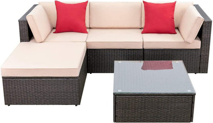 5 Pieces Patio Furniture Set, All Weather Outdoor Sectional Patio Sofa Manual Weaving Wicker Rattan Patio Seating Sofas with Cushion and Glass Table Beige-Toppalletfly