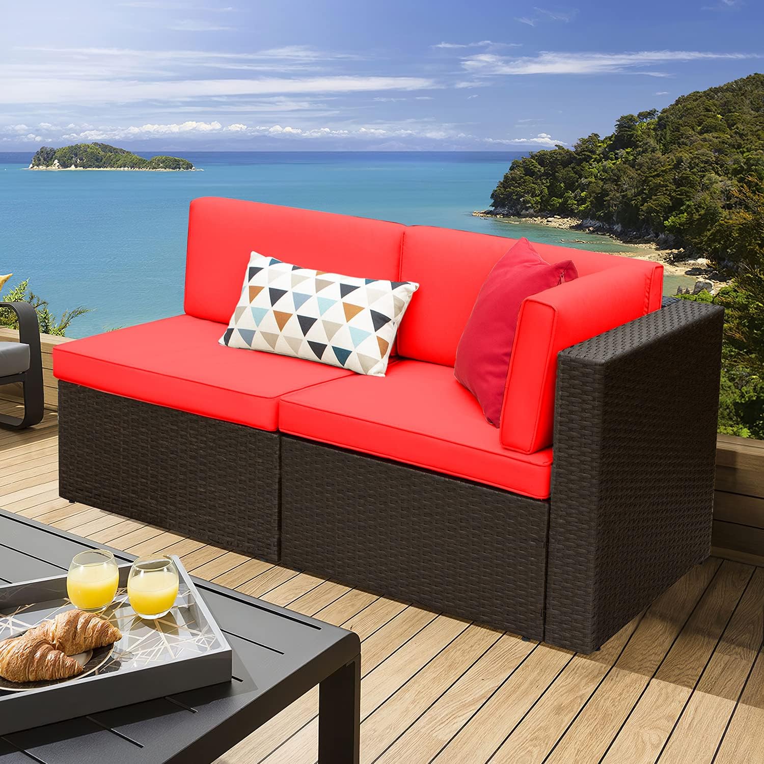 5 Pieces Patio Furniture Set, All Weather Outdoor Sectional Patio Sofa Manual Weaving Wicker Rattan Patio Seating Sofas with Cushion and Glass Table Beige-Toppalletfly