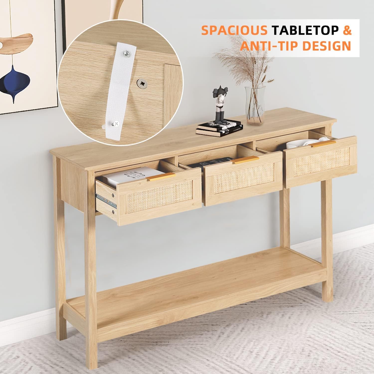 51" Table, Oak Grain Sofa Table with Wood Frame, Rustic Hallway Table with 3 Bamboo Weaving Storage Drawers and Shelf-Toppalletfly