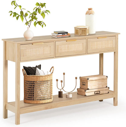 51" Table, Oak Grain Sofa Table with Wood Frame, Rustic Hallway Table with 3 Bamboo Weaving Storage Drawers and Shelf-Toppalletfly